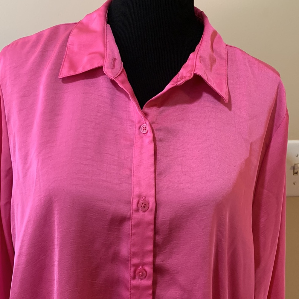 EUC Women’s Bright Pink Silky Long Sleeved Button Down Top - Picture 2 of 7